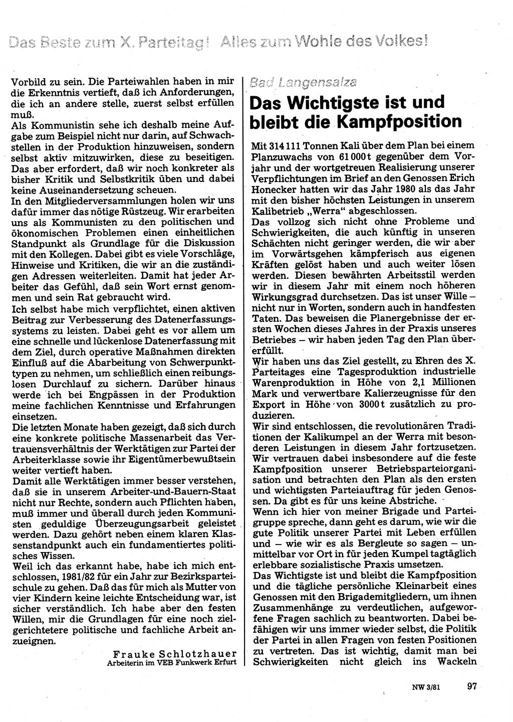 Neuer Weg (NW), Organ des Zentralkomitees (ZK) der SED (Sozialistische Einheitspartei Deutschlands) für Fragen des Parteilebens, 36. Jahrgang [Deutsche Demokratische Republik (DDR)] 1981, Seite 97 (NW ZK SED DDR 1981, S. 97)
