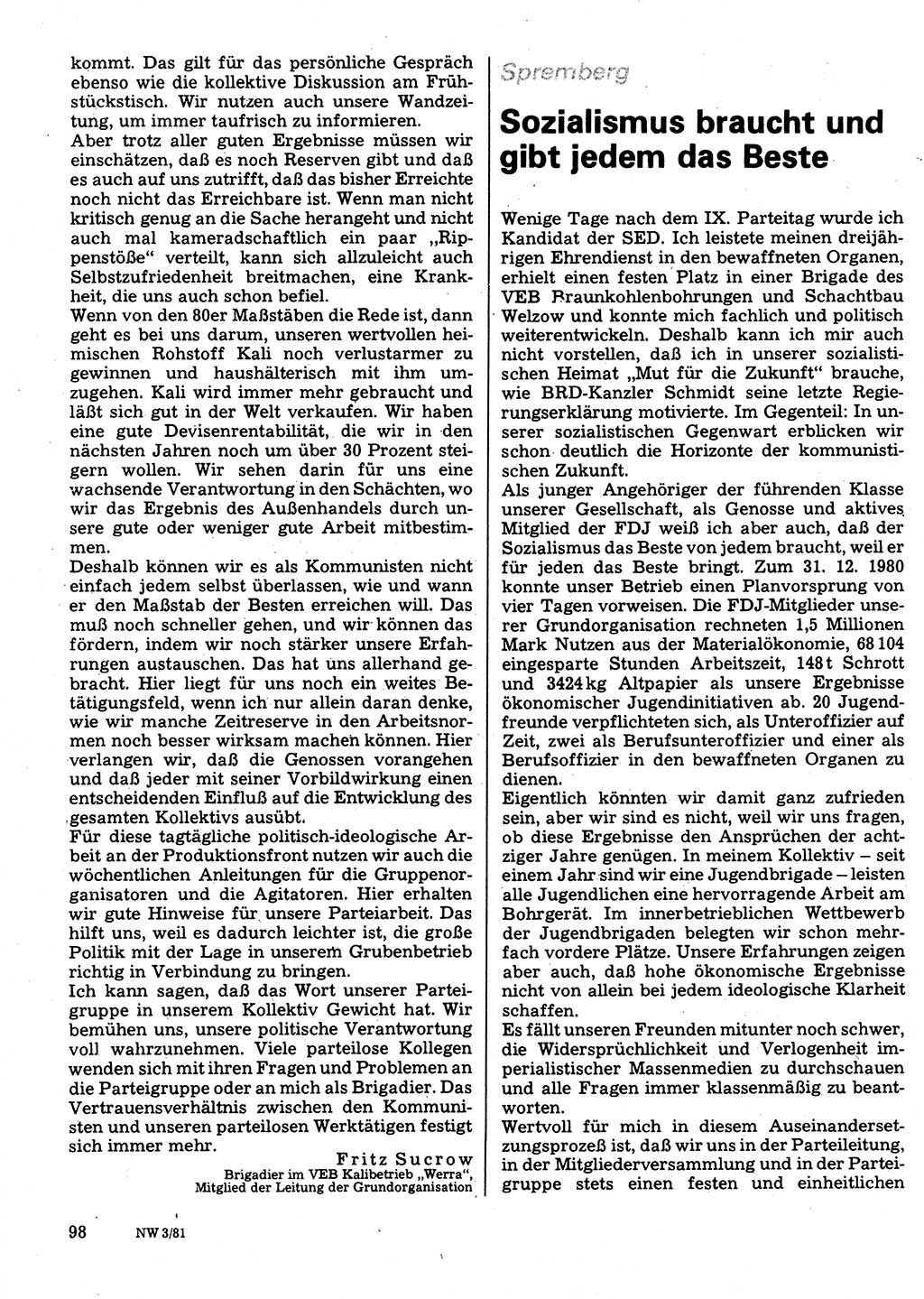 Neuer Weg (NW), Organ des Zentralkomitees (ZK) der SED (Sozialistische Einheitspartei Deutschlands) für Fragen des Parteilebens, 36. Jahrgang [Deutsche Demokratische Republik (DDR)] 1981, Seite 98 (NW ZK SED DDR 1981, S. 98)