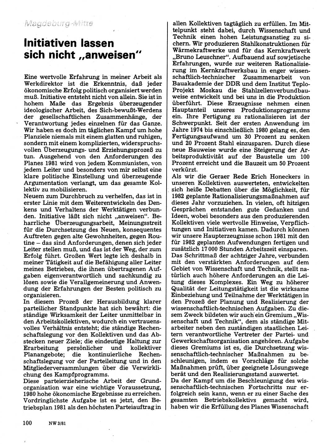 Neuer Weg (NW), Organ des Zentralkomitees (ZK) der SED (Sozialistische Einheitspartei Deutschlands) für Fragen des Parteilebens, 36. Jahrgang [Deutsche Demokratische Republik (DDR)] 1981, Seite 100 (NW ZK SED DDR 1981, S. 100)