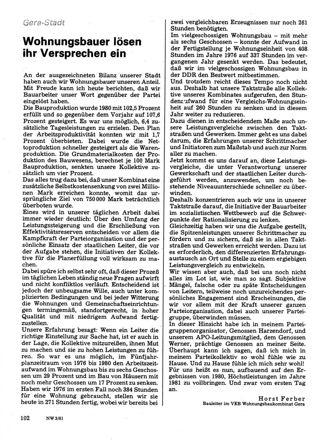 Neuer Weg (NW), Organ des Zentralkomitees (ZK) der SED (Sozialistische Einheitspartei Deutschlands) für Fragen des Parteilebens, 36. Jahrgang [Deutsche Demokratische Republik (DDR)] 1981, Seite 102 (NW ZK SED DDR 1981, S. 102)
