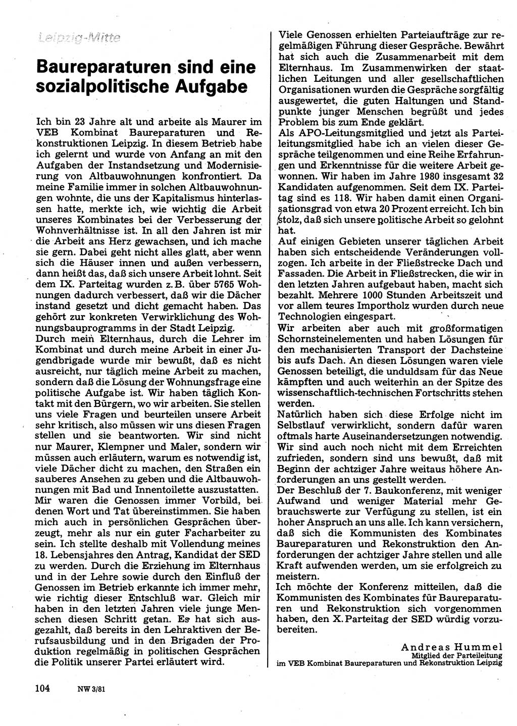 Neuer Weg (NW), Organ des Zentralkomitees (ZK) der SED (Sozialistische Einheitspartei Deutschlands) für Fragen des Parteilebens, 36. Jahrgang [Deutsche Demokratische Republik (DDR)] 1981, Seite 104 (NW ZK SED DDR 1981, S. 104)