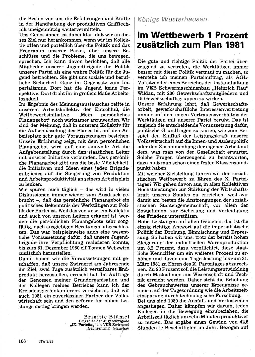 Neuer Weg (NW), Organ des Zentralkomitees (ZK) der SED (Sozialistische Einheitspartei Deutschlands) für Fragen des Parteilebens, 36. Jahrgang [Deutsche Demokratische Republik (DDR)] 1981, Seite 106 (NW ZK SED DDR 1981, S. 106)
