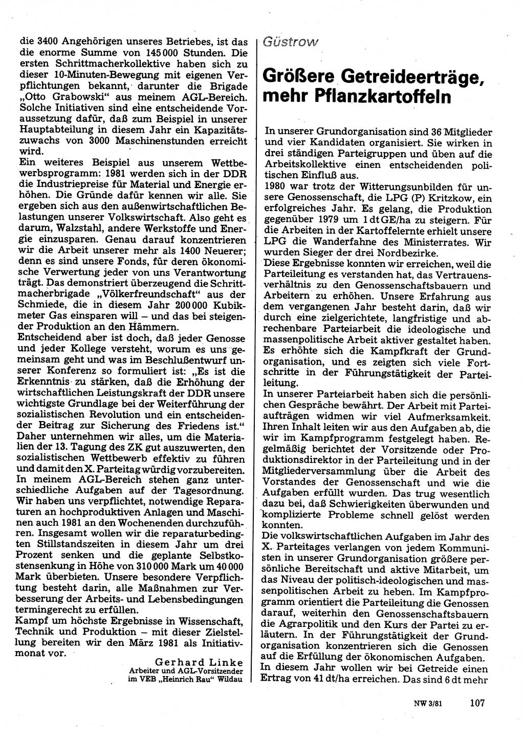 Neuer Weg (NW), Organ des Zentralkomitees (ZK) der SED (Sozialistische Einheitspartei Deutschlands) für Fragen des Parteilebens, 36. Jahrgang [Deutsche Demokratische Republik (DDR)] 1981, Seite 107 (NW ZK SED DDR 1981, S. 107)