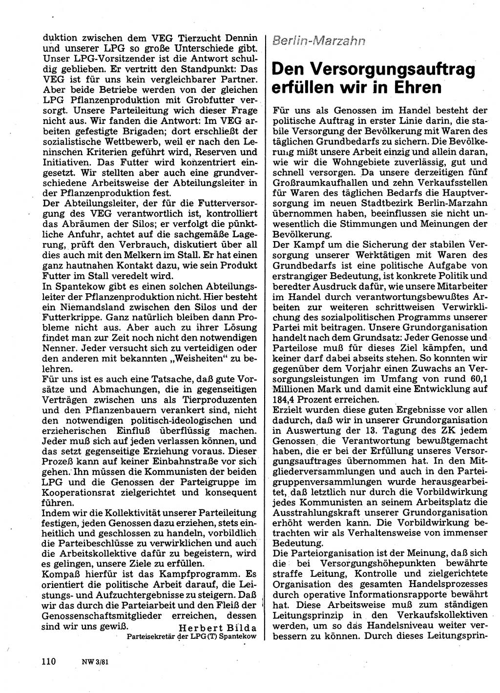 Neuer Weg (NW), Organ des Zentralkomitees (ZK) der SED (Sozialistische Einheitspartei Deutschlands) für Fragen des Parteilebens, 36. Jahrgang [Deutsche Demokratische Republik (DDR)] 1981, Seite 110 (NW ZK SED DDR 1981, S. 110)