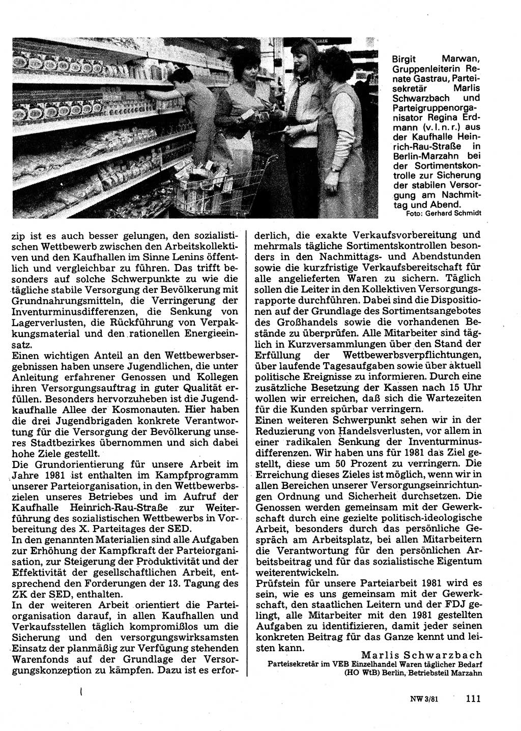 Neuer Weg (NW), Organ des Zentralkomitees (ZK) der SED (Sozialistische Einheitspartei Deutschlands) für Fragen des Parteilebens, 36. Jahrgang [Deutsche Demokratische Republik (DDR)] 1981, Seite 111 (NW ZK SED DDR 1981, S. 111)