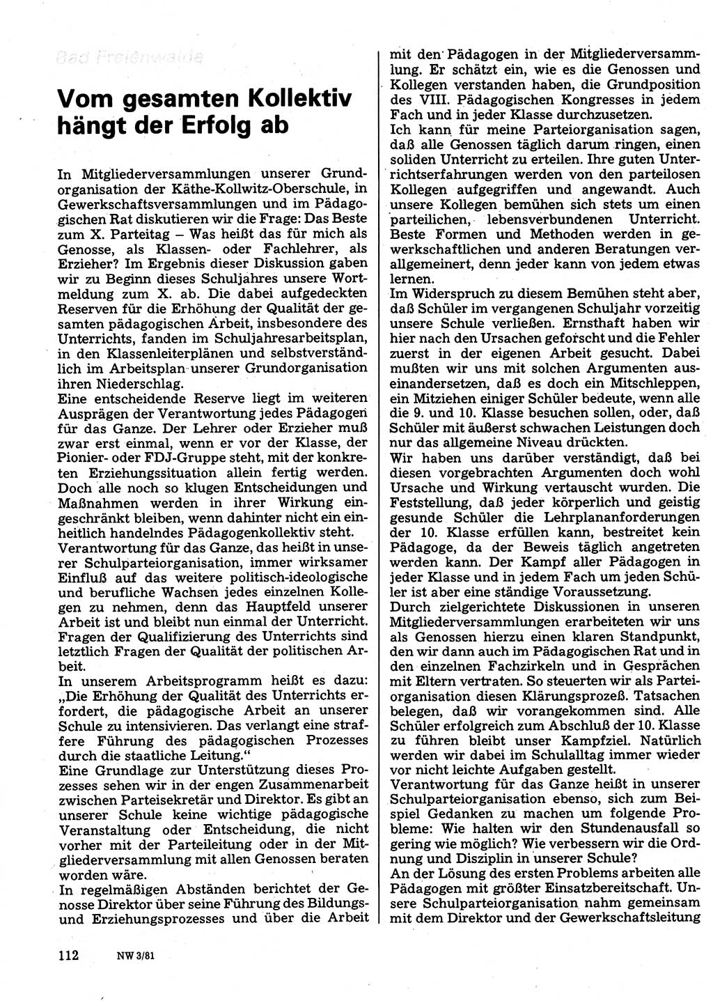 Neuer Weg (NW), Organ des Zentralkomitees (ZK) der SED (Sozialistische Einheitspartei Deutschlands) für Fragen des Parteilebens, 36. Jahrgang [Deutsche Demokratische Republik (DDR)] 1981, Seite 112 (NW ZK SED DDR 1981, S. 112)