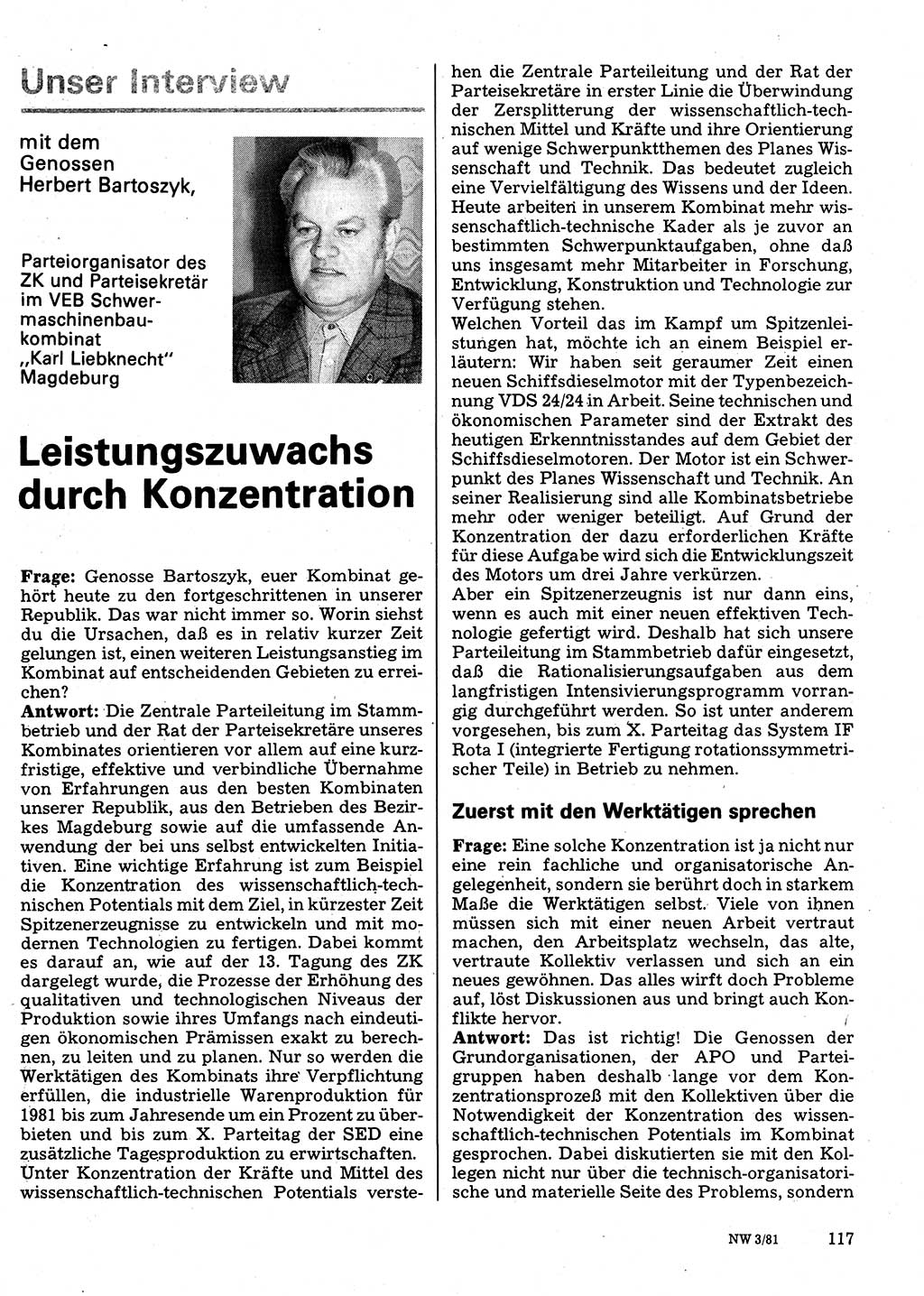 Neuer Weg (NW), Organ des Zentralkomitees (ZK) der SED (Sozialistische Einheitspartei Deutschlands) für Fragen des Parteilebens, 36. Jahrgang [Deutsche Demokratische Republik (DDR)] 1981, Seite 117 (NW ZK SED DDR 1981, S. 117)