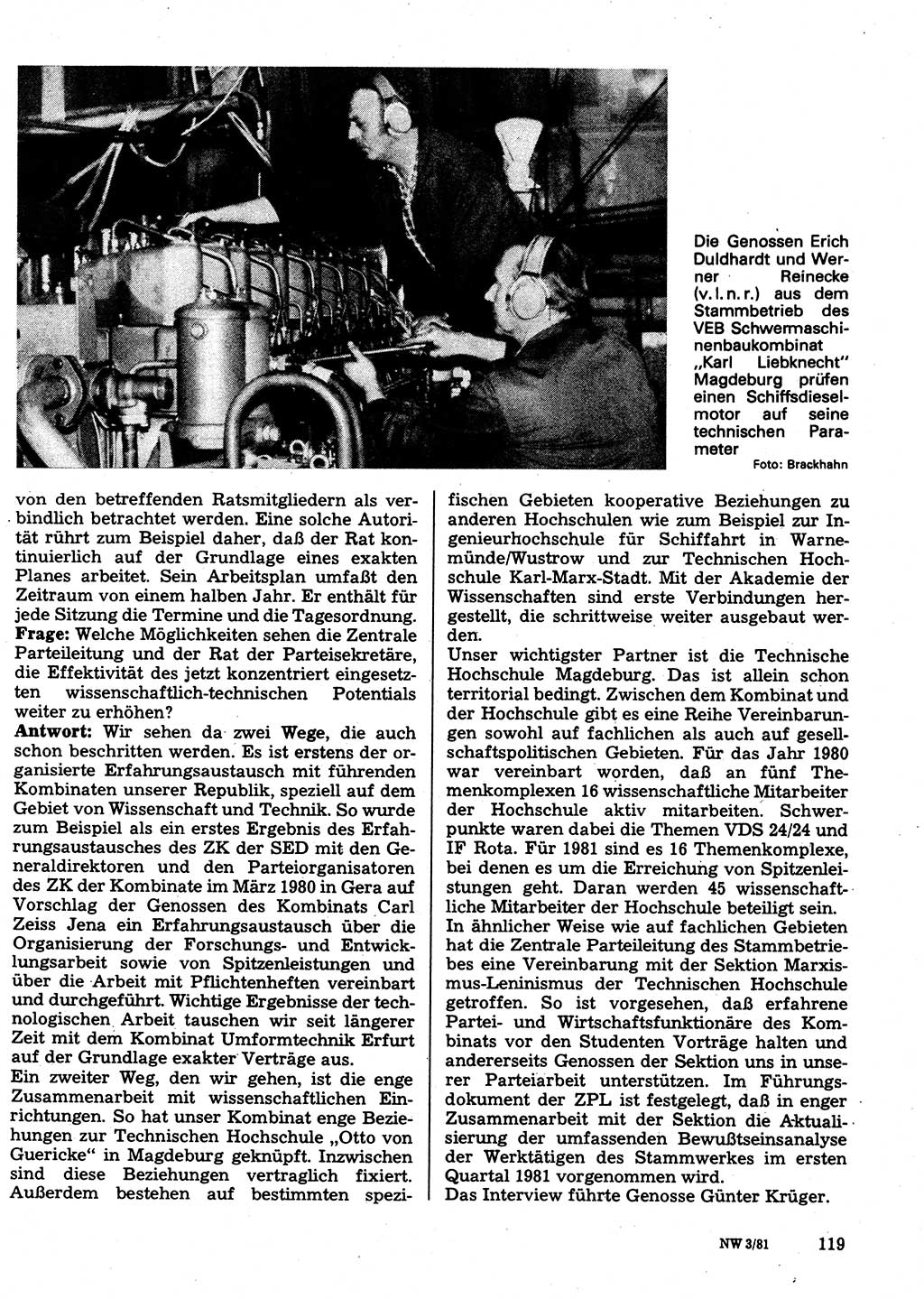 Neuer Weg (NW), Organ des Zentralkomitees (ZK) der SED (Sozialistische Einheitspartei Deutschlands) für Fragen des Parteilebens, 36. Jahrgang [Deutsche Demokratische Republik (DDR)] 1981, Seite 119 (NW ZK SED DDR 1981, S. 119)