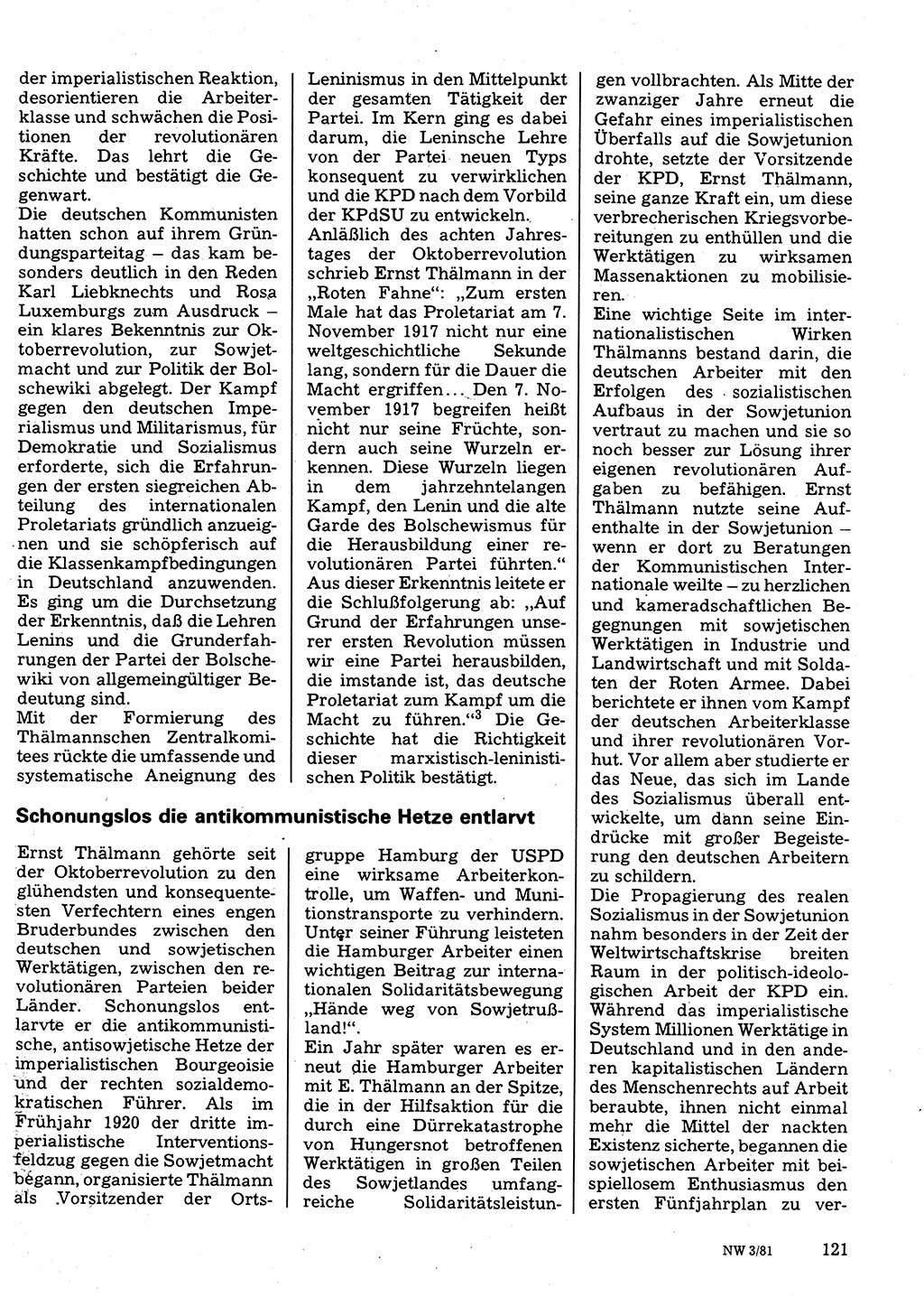 Neuer Weg (NW), Organ des Zentralkomitees (ZK) der SED (Sozialistische Einheitspartei Deutschlands) für Fragen des Parteilebens, 36. Jahrgang [Deutsche Demokratische Republik (DDR)] 1981, Seite 121 (NW ZK SED DDR 1981, S. 121)