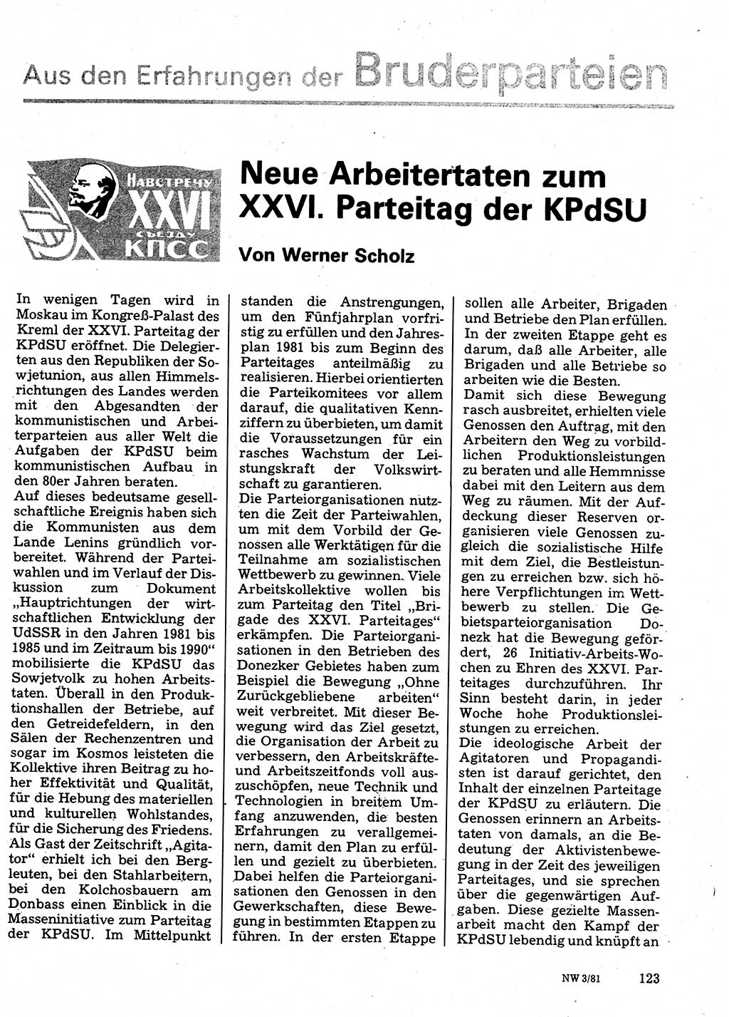 Neuer Weg (NW), Organ des Zentralkomitees (ZK) der SED (Sozialistische Einheitspartei Deutschlands) für Fragen des Parteilebens, 36. Jahrgang [Deutsche Demokratische Republik (DDR)] 1981, Seite 123 (NW ZK SED DDR 1981, S. 123)