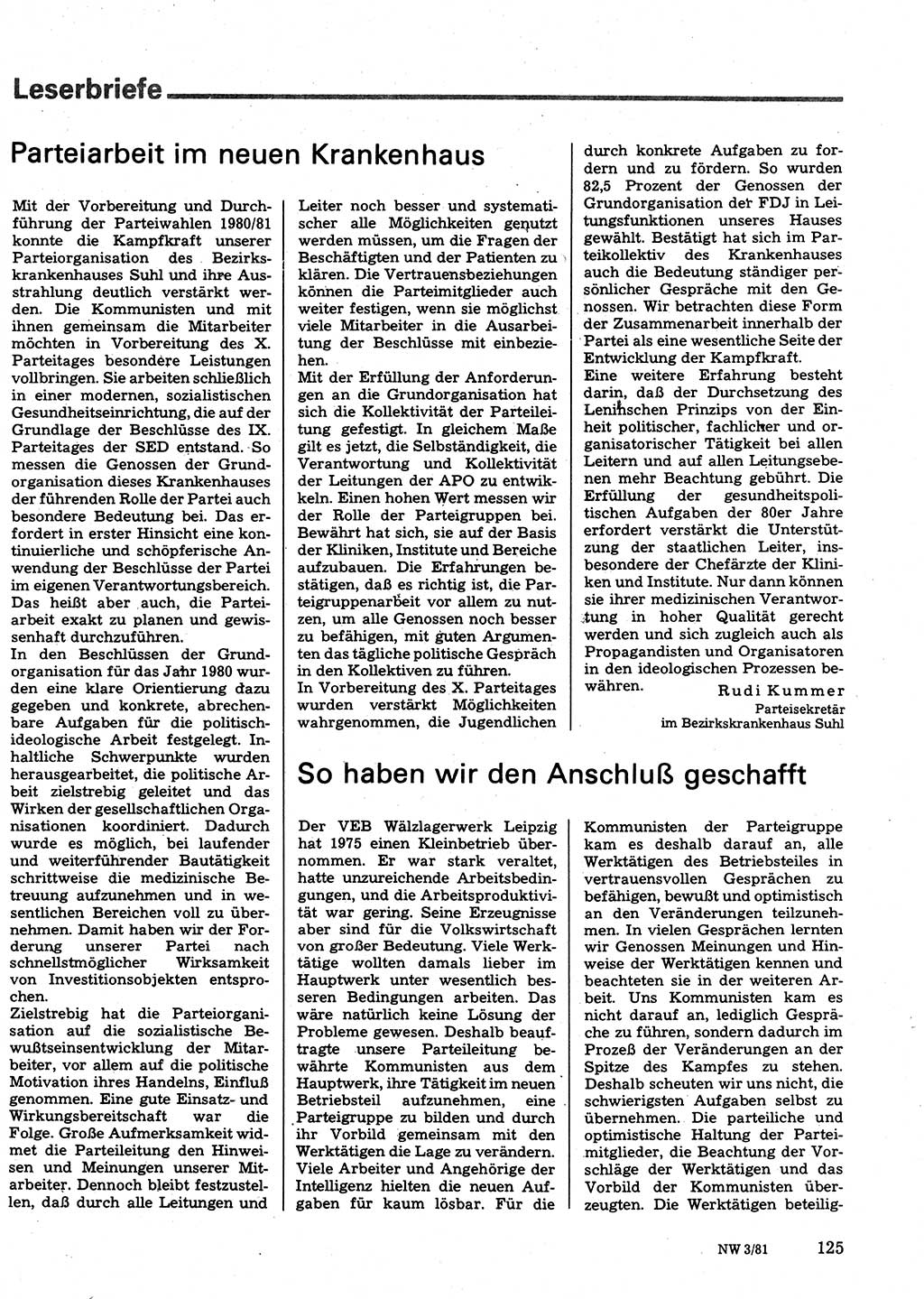 Neuer Weg (NW), Organ des Zentralkomitees (ZK) der SED (Sozialistische Einheitspartei Deutschlands) für Fragen des Parteilebens, 36. Jahrgang [Deutsche Demokratische Republik (DDR)] 1981, Seite 125 (NW ZK SED DDR 1981, S. 125)