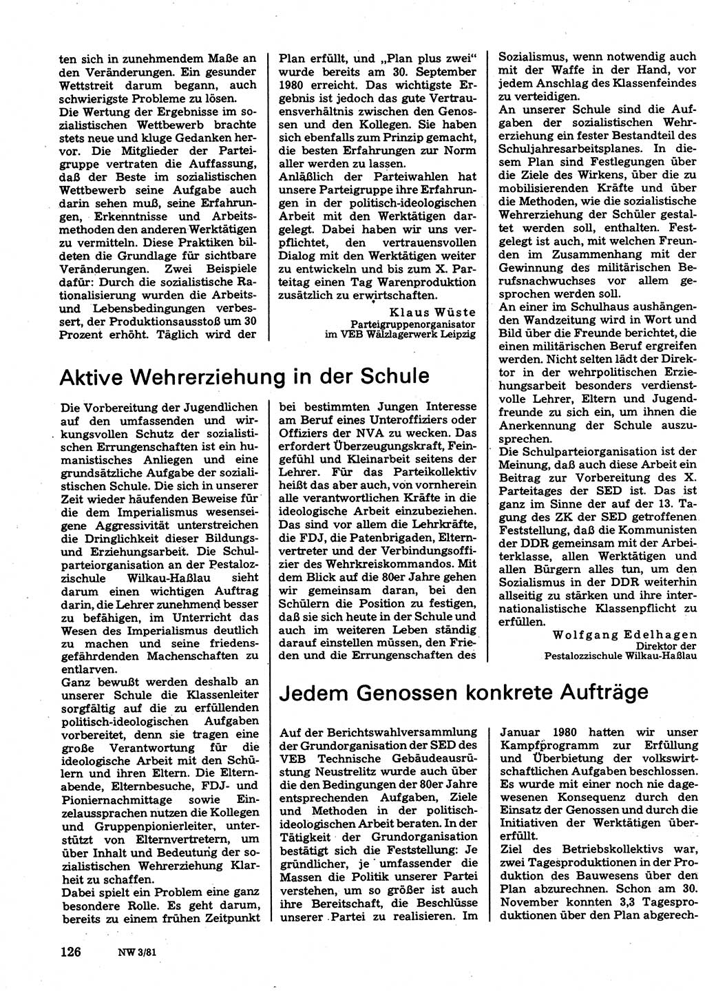 Neuer Weg (NW), Organ des Zentralkomitees (ZK) der SED (Sozialistische Einheitspartei Deutschlands) für Fragen des Parteilebens, 36. Jahrgang [Deutsche Demokratische Republik (DDR)] 1981, Seite 126 (NW ZK SED DDR 1981, S. 126)
