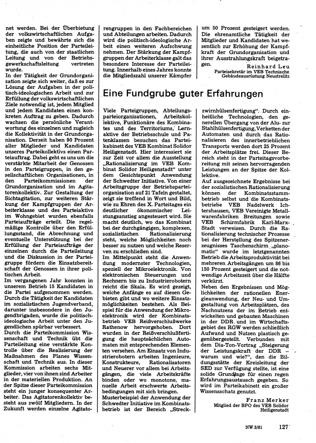 Neuer Weg (NW), Organ des Zentralkomitees (ZK) der SED (Sozialistische Einheitspartei Deutschlands) für Fragen des Parteilebens, 36. Jahrgang [Deutsche Demokratische Republik (DDR)] 1981, Seite 127 (NW ZK SED DDR 1981, S. 127)