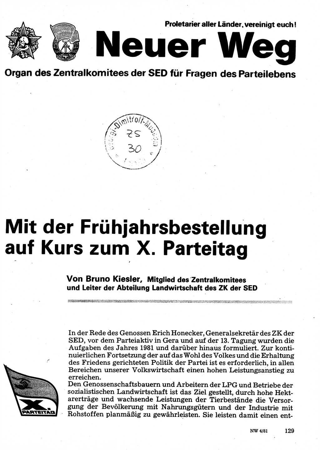 Neuer Weg (NW), Organ des Zentralkomitees (ZK) der SED (Sozialistische Einheitspartei Deutschlands) für Fragen des Parteilebens, 36. Jahrgang [Deutsche Demokratische Republik (DDR)] 1981, Seite 129 (NW ZK SED DDR 1981, S. 129)