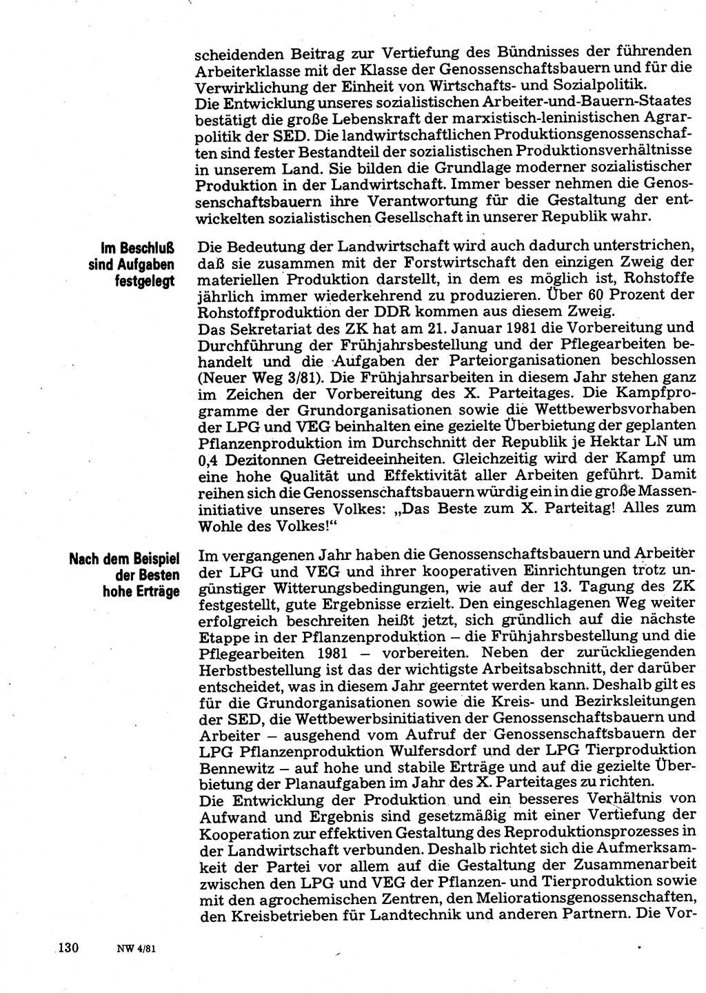 Neuer Weg (NW), Organ des Zentralkomitees (ZK) der SED (Sozialistische Einheitspartei Deutschlands) für Fragen des Parteilebens, 36. Jahrgang [Deutsche Demokratische Republik (DDR)] 1981, Seite 130 (NW ZK SED DDR 1981, S. 130)