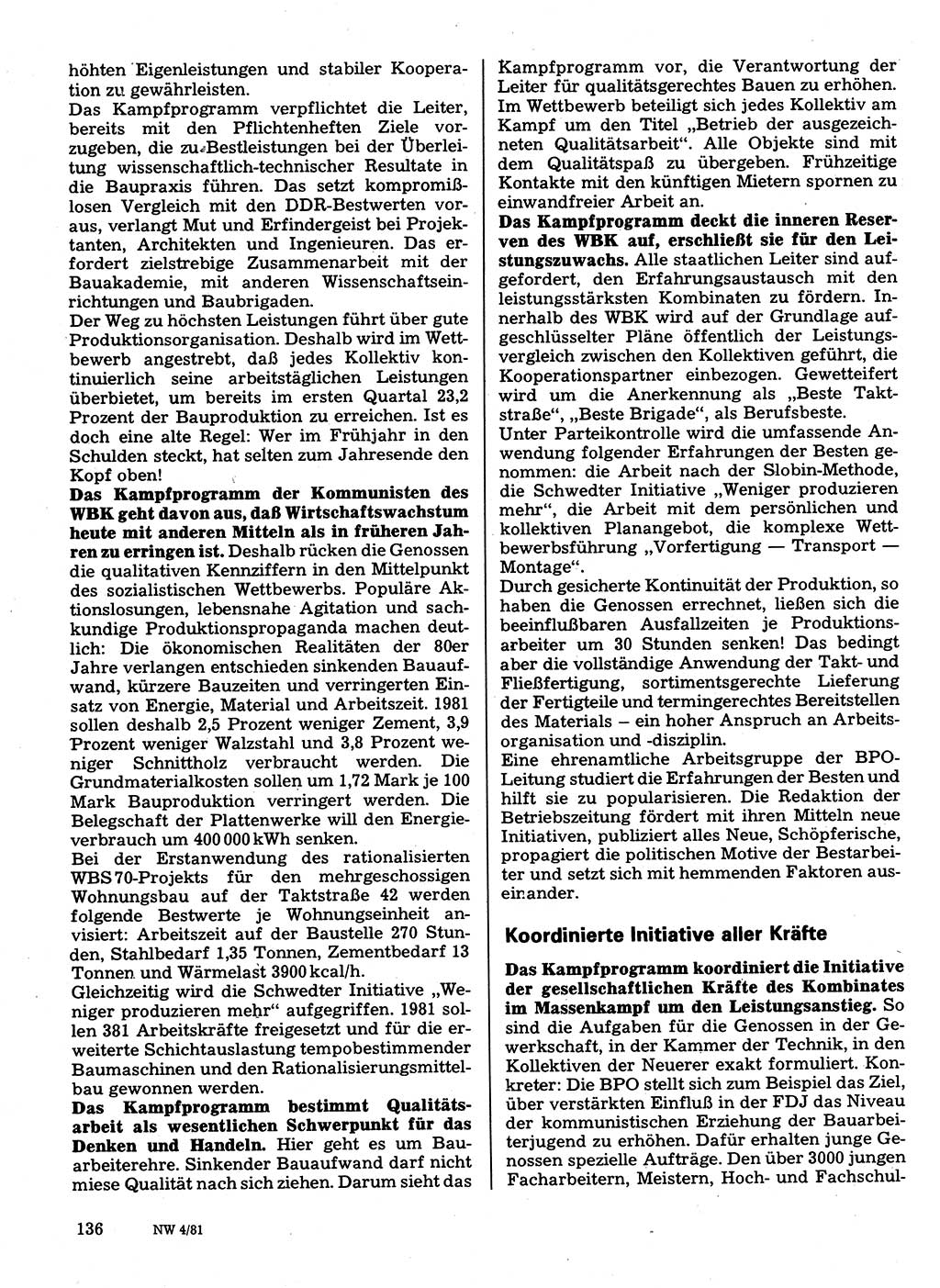 Neuer Weg (NW), Organ des Zentralkomitees (ZK) der SED (Sozialistische Einheitspartei Deutschlands) für Fragen des Parteilebens, 36. Jahrgang [Deutsche Demokratische Republik (DDR)] 1981, Seite 136 (NW ZK SED DDR 1981, S. 136)