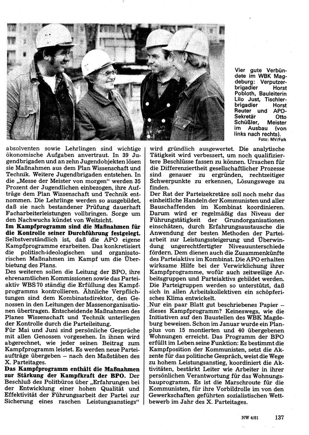 Neuer Weg (NW), Organ des Zentralkomitees (ZK) der SED (Sozialistische Einheitspartei Deutschlands) für Fragen des Parteilebens, 36. Jahrgang [Deutsche Demokratische Republik (DDR)] 1981, Seite 137 (NW ZK SED DDR 1981, S. 137)