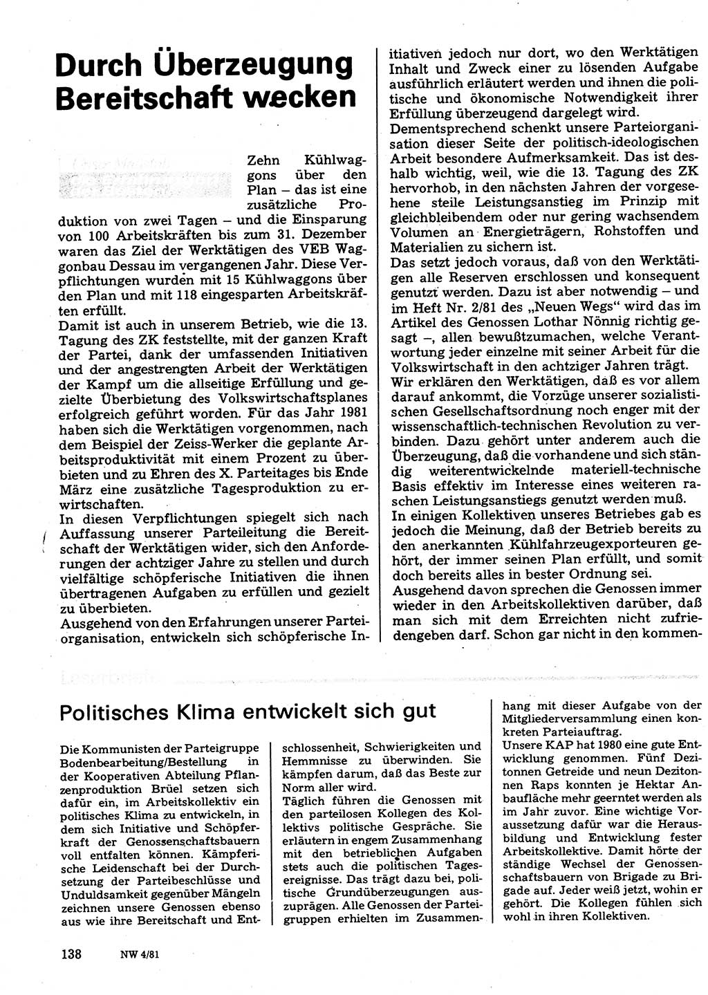 Neuer Weg (NW), Organ des Zentralkomitees (ZK) der SED (Sozialistische Einheitspartei Deutschlands) für Fragen des Parteilebens, 36. Jahrgang [Deutsche Demokratische Republik (DDR)] 1981, Seite 138 (NW ZK SED DDR 1981, S. 138)