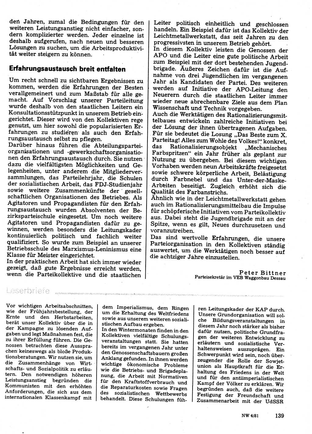 Neuer Weg (NW), Organ des Zentralkomitees (ZK) der SED (Sozialistische Einheitspartei Deutschlands) für Fragen des Parteilebens, 36. Jahrgang [Deutsche Demokratische Republik (DDR)] 1981, Seite 139 (NW ZK SED DDR 1981, S. 139)