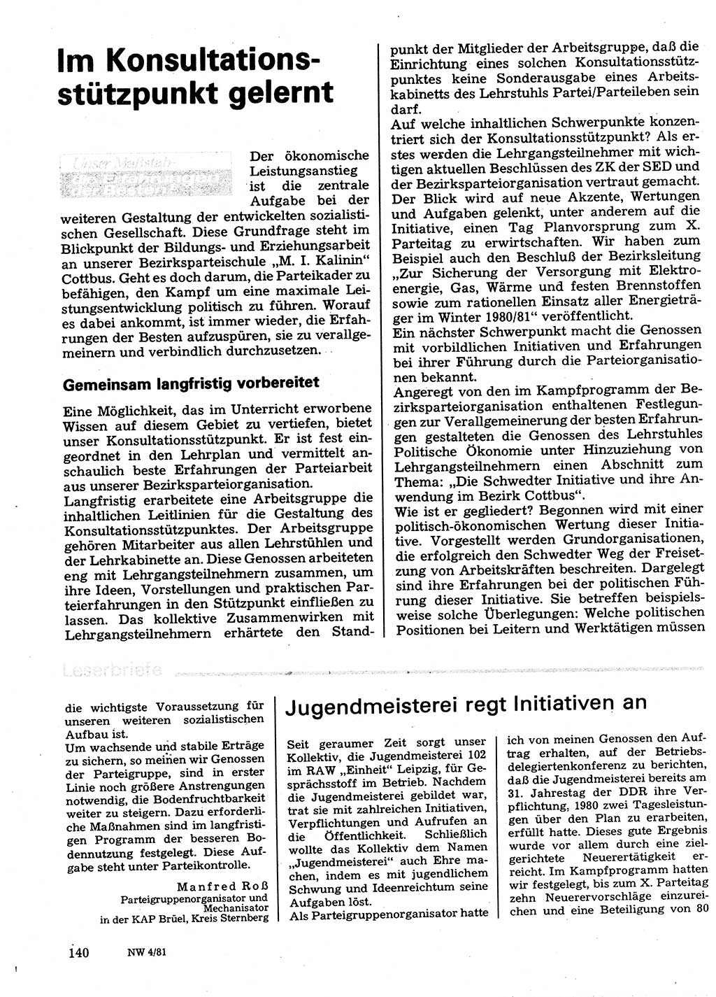 Neuer Weg (NW), Organ des Zentralkomitees (ZK) der SED (Sozialistische Einheitspartei Deutschlands) für Fragen des Parteilebens, 36. Jahrgang [Deutsche Demokratische Republik (DDR)] 1981, Seite 140 (NW ZK SED DDR 1981, S. 140)