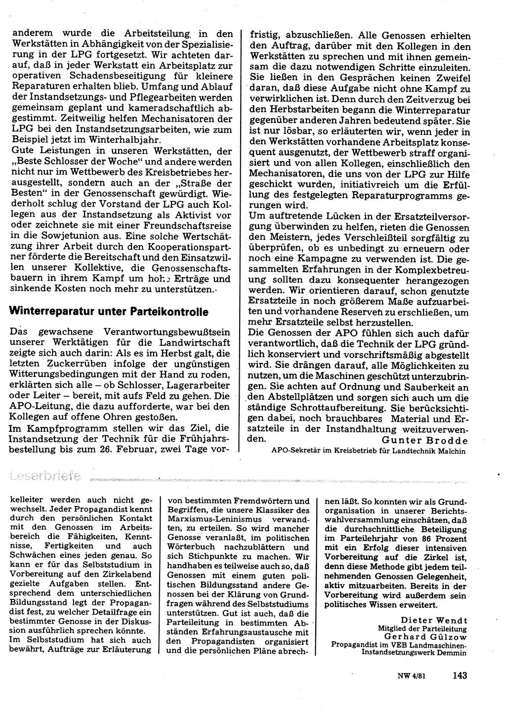 Neuer Weg (NW), Organ des Zentralkomitees (ZK) der SED (Sozialistische Einheitspartei Deutschlands) für Fragen des Parteilebens, 36. Jahrgang [Deutsche Demokratische Republik (DDR)] 1981, Seite 143 (NW ZK SED DDR 1981, S. 143)