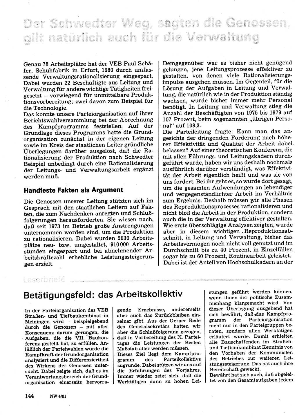 Neuer Weg (NW), Organ des Zentralkomitees (ZK) der SED (Sozialistische Einheitspartei Deutschlands) für Fragen des Parteilebens, 36. Jahrgang [Deutsche Demokratische Republik (DDR)] 1981, Seite 144 (NW ZK SED DDR 1981, S. 144)