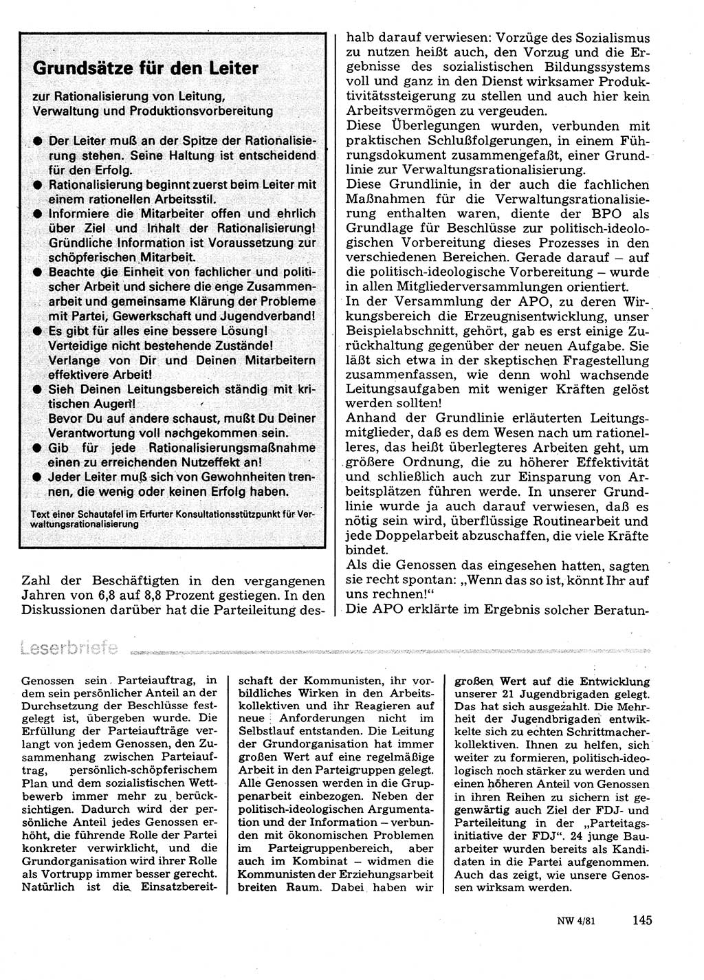 Neuer Weg (NW), Organ des Zentralkomitees (ZK) der SED (Sozialistische Einheitspartei Deutschlands) für Fragen des Parteilebens, 36. Jahrgang [Deutsche Demokratische Republik (DDR)] 1981, Seite 145 (NW ZK SED DDR 1981, S. 145)