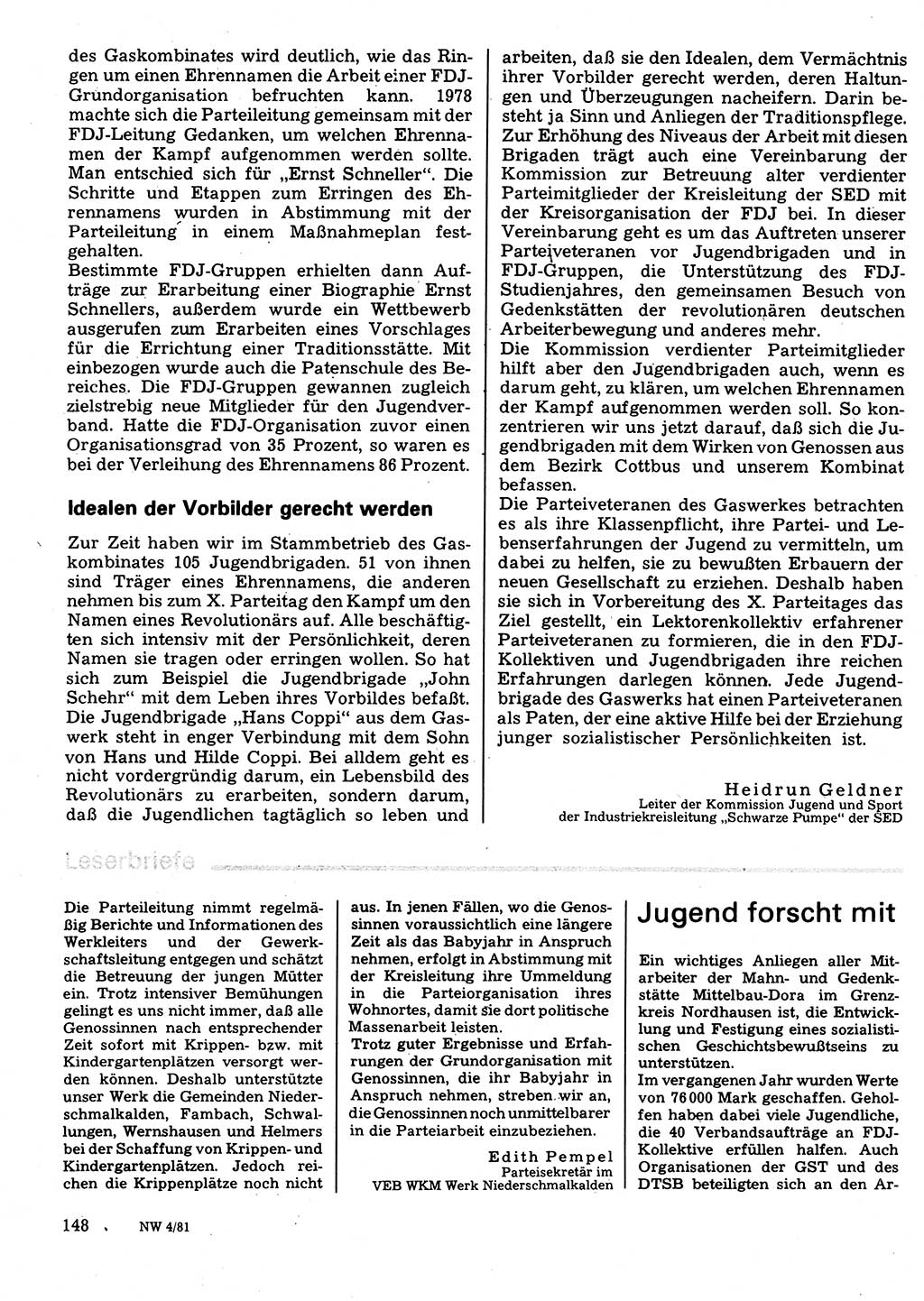 Neuer Weg (NW), Organ des Zentralkomitees (ZK) der SED (Sozialistische Einheitspartei Deutschlands) für Fragen des Parteilebens, 36. Jahrgang [Deutsche Demokratische Republik (DDR)] 1981, Seite 148 (NW ZK SED DDR 1981, S. 148)