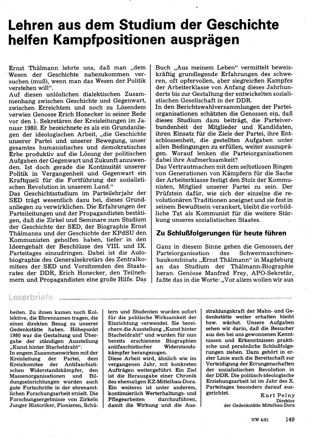 Neuer Weg (NW), Organ des Zentralkomitees (ZK) der SED (Sozialistische Einheitspartei Deutschlands) für Fragen des Parteilebens, 36. Jahrgang [Deutsche Demokratische Republik (DDR)] 1981, Seite 149 (NW ZK SED DDR 1981, S. 149)