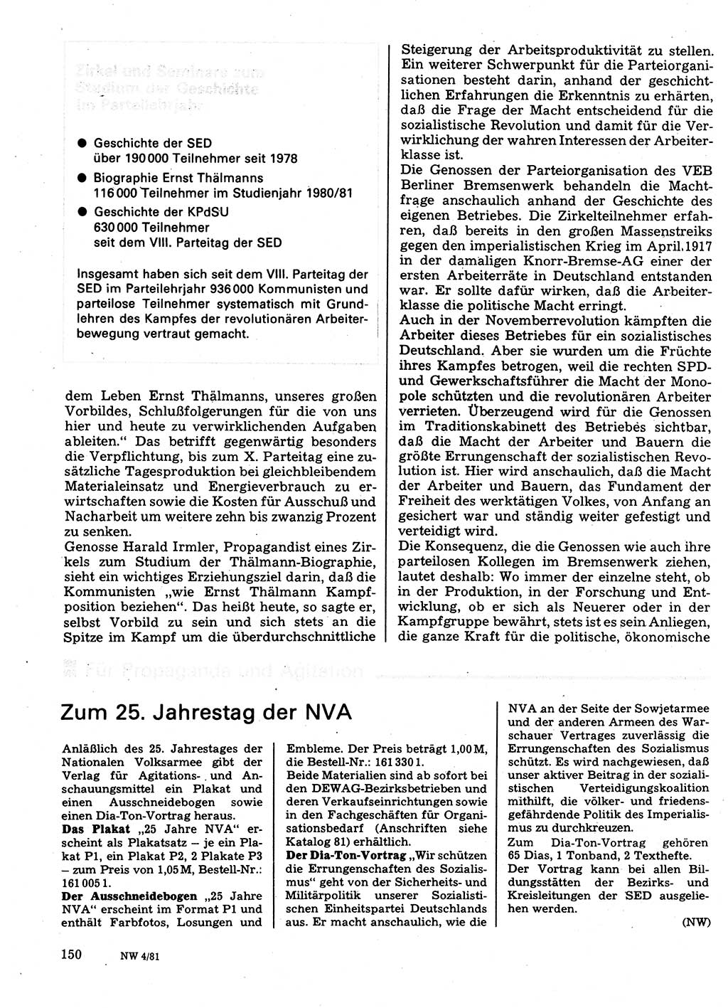 Neuer Weg (NW), Organ des Zentralkomitees (ZK) der SED (Sozialistische Einheitspartei Deutschlands) für Fragen des Parteilebens, 36. Jahrgang [Deutsche Demokratische Republik (DDR)] 1981, Seite 150 (NW ZK SED DDR 1981, S. 150)