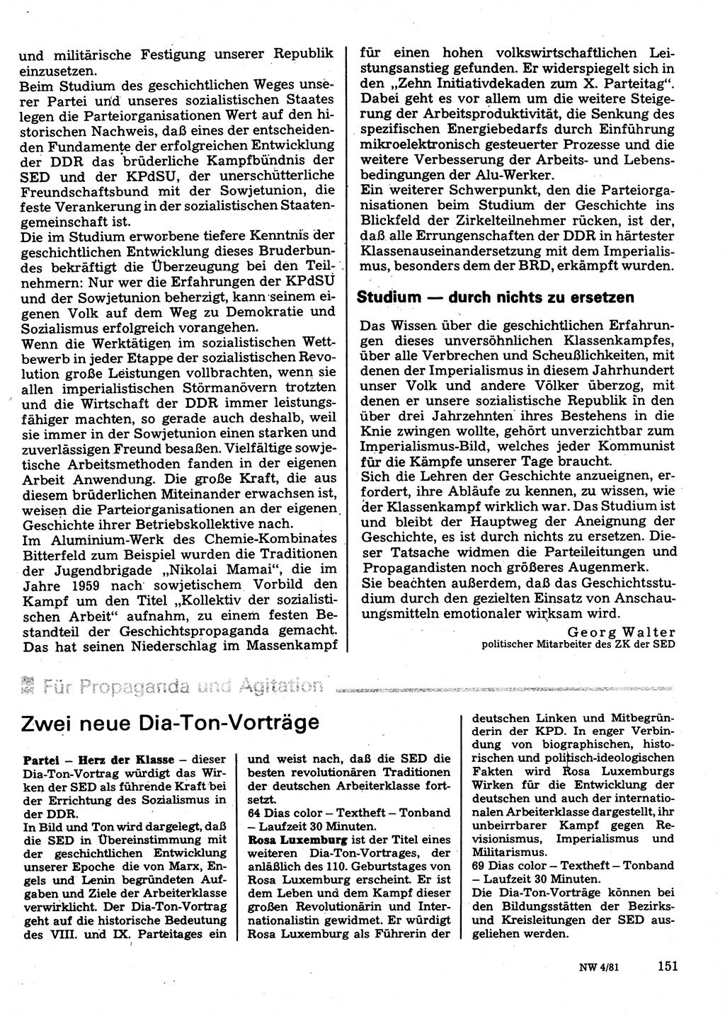 Neuer Weg (NW), Organ des Zentralkomitees (ZK) der SED (Sozialistische Einheitspartei Deutschlands) für Fragen des Parteilebens, 36. Jahrgang [Deutsche Demokratische Republik (DDR)] 1981, Seite 151 (NW ZK SED DDR 1981, S. 151)