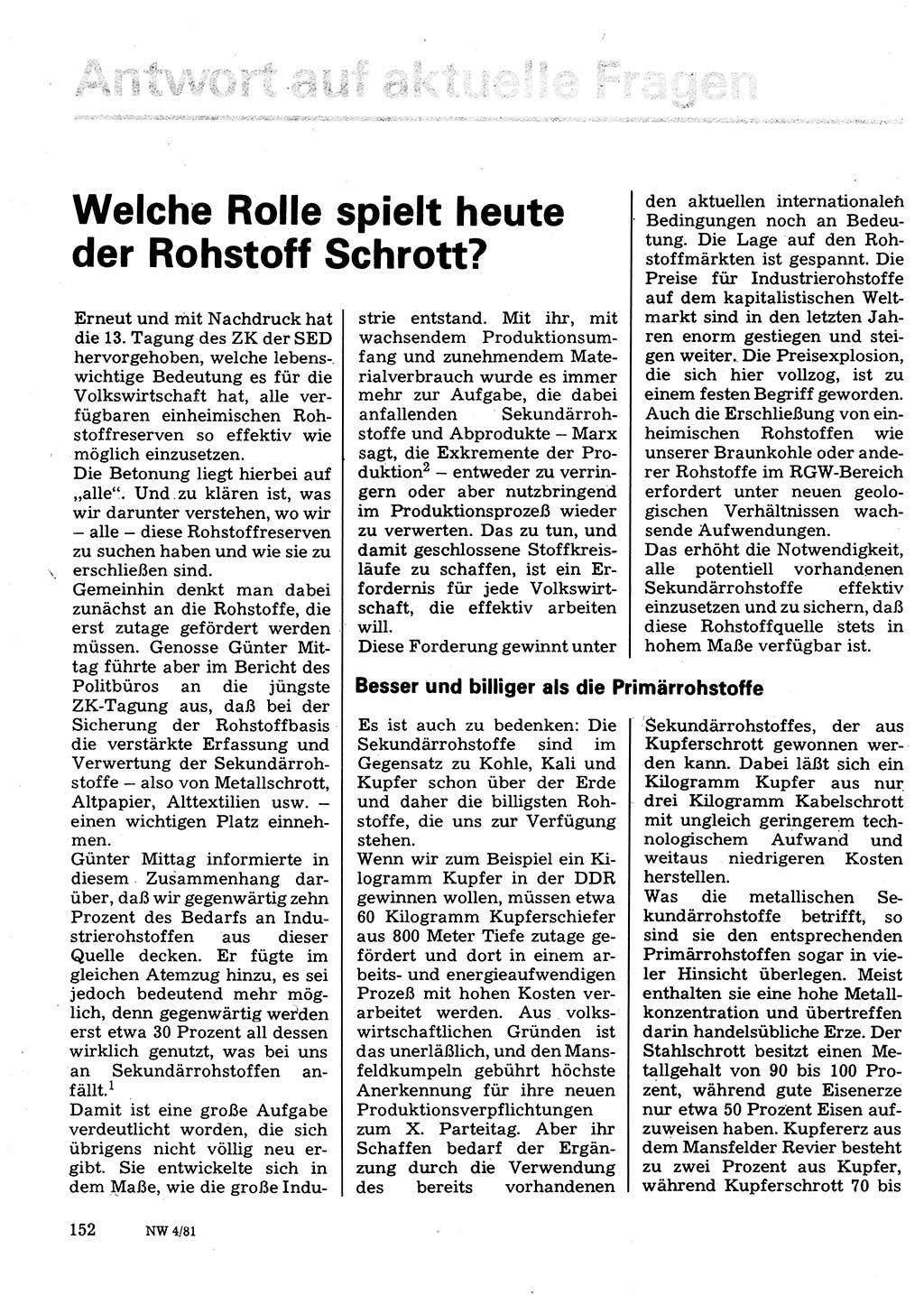 Neuer Weg (NW), Organ des Zentralkomitees (ZK) der SED (Sozialistische Einheitspartei Deutschlands) für Fragen des Parteilebens, 36. Jahrgang [Deutsche Demokratische Republik (DDR)] 1981, Seite 152 (NW ZK SED DDR 1981, S. 152)
