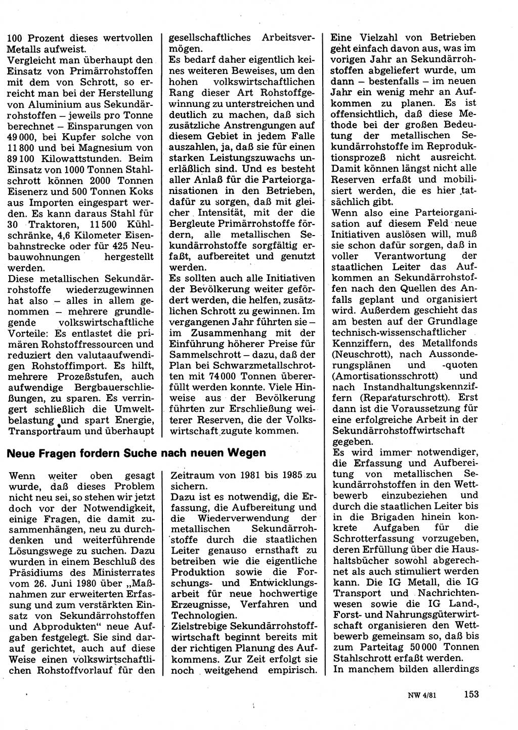 Neuer Weg (NW), Organ des Zentralkomitees (ZK) der SED (Sozialistische Einheitspartei Deutschlands) für Fragen des Parteilebens, 36. Jahrgang [Deutsche Demokratische Republik (DDR)] 1981, Seite 153 (NW ZK SED DDR 1981, S. 153)
