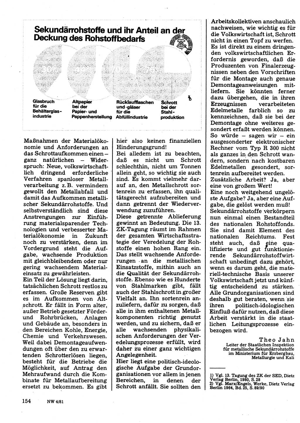 Neuer Weg (NW), Organ des Zentralkomitees (ZK) der SED (Sozialistische Einheitspartei Deutschlands) für Fragen des Parteilebens, 36. Jahrgang [Deutsche Demokratische Republik (DDR)] 1981, Seite 154 (NW ZK SED DDR 1981, S. 154)