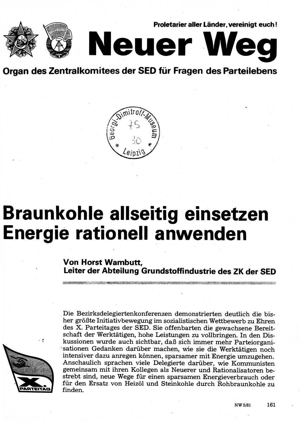 Neuer Weg (NW), Organ des Zentralkomitees (ZK) der SED (Sozialistische Einheitspartei Deutschlands) für Fragen des Parteilebens, 36. Jahrgang [Deutsche Demokratische Republik (DDR)] 1981, Seite 161 (NW ZK SED DDR 1981, S. 161)