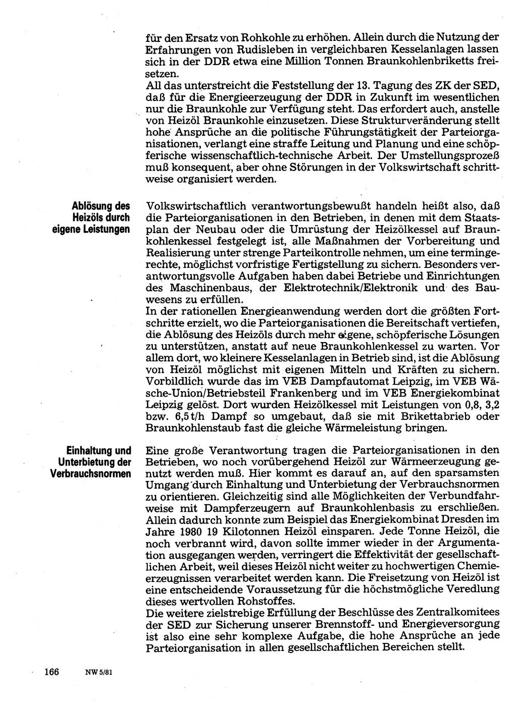 Neuer Weg (NW), Organ des Zentralkomitees (ZK) der SED (Sozialistische Einheitspartei Deutschlands) für Fragen des Parteilebens, 36. Jahrgang [Deutsche Demokratische Republik (DDR)] 1981, Seite 166 (NW ZK SED DDR 1981, S. 166)