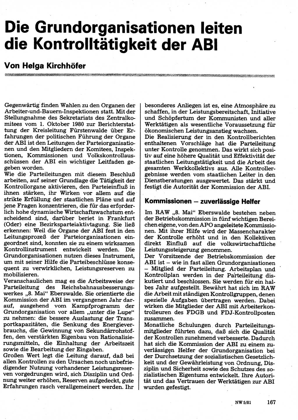 Neuer Weg (NW), Organ des Zentralkomitees (ZK) der SED (Sozialistische Einheitspartei Deutschlands) für Fragen des Parteilebens, 36. Jahrgang [Deutsche Demokratische Republik (DDR)] 1981, Seite 167 (NW ZK SED DDR 1981, S. 167)