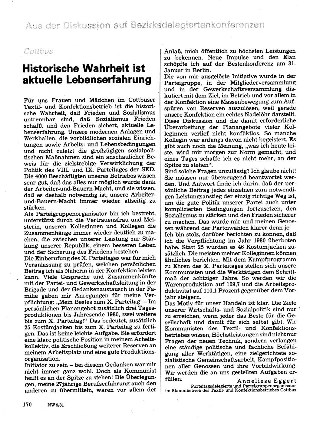Neuer Weg (NW), Organ des Zentralkomitees (ZK) der SED (Sozialistische Einheitspartei Deutschlands) für Fragen des Parteilebens, 36. Jahrgang [Deutsche Demokratische Republik (DDR)] 1981, Seite 170 (NW ZK SED DDR 1981, S. 170)