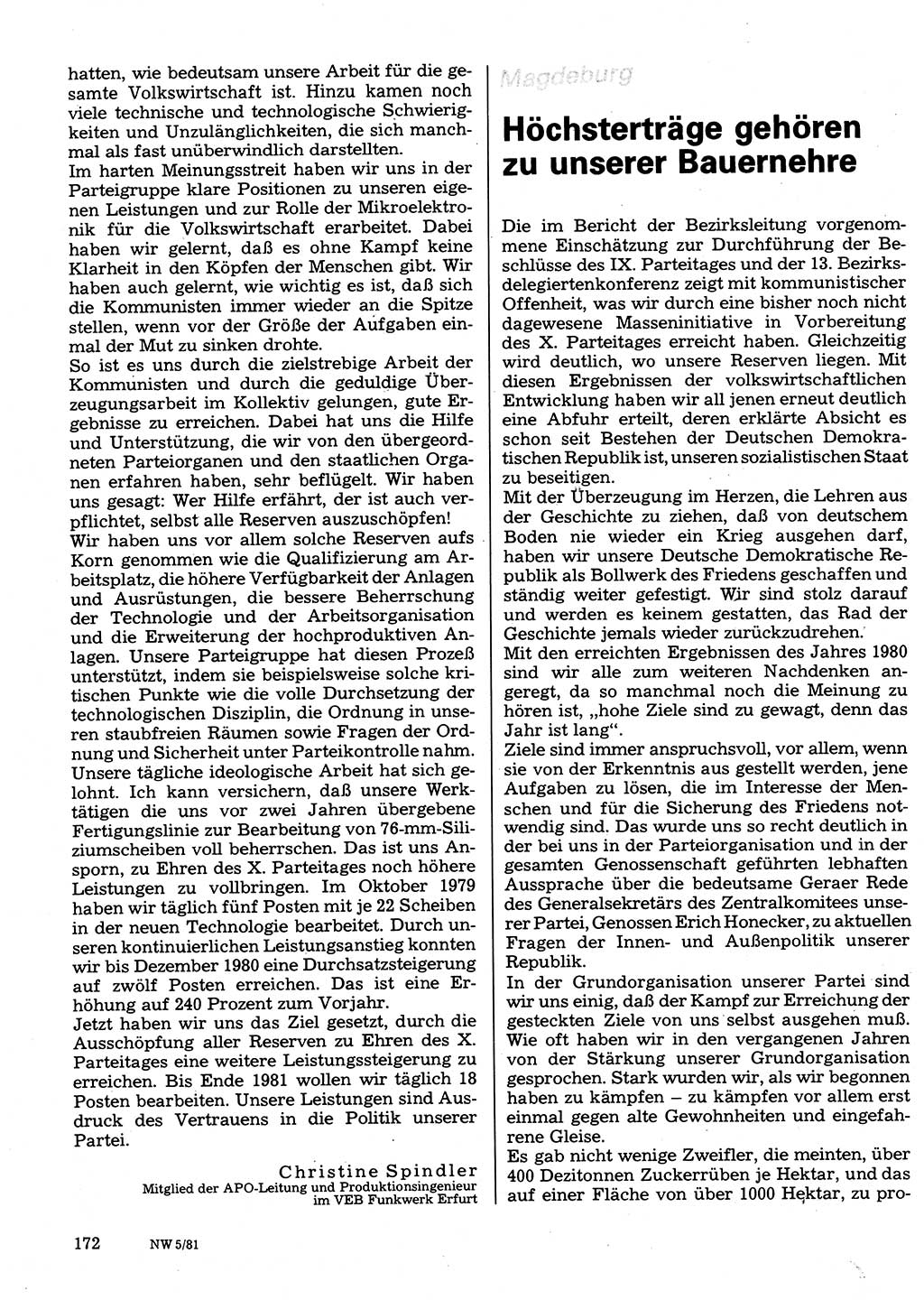 Neuer Weg (NW), Organ des Zentralkomitees (ZK) der SED (Sozialistische Einheitspartei Deutschlands) für Fragen des Parteilebens, 36. Jahrgang [Deutsche Demokratische Republik (DDR)] 1981, Seite 172 (NW ZK SED DDR 1981, S. 172)