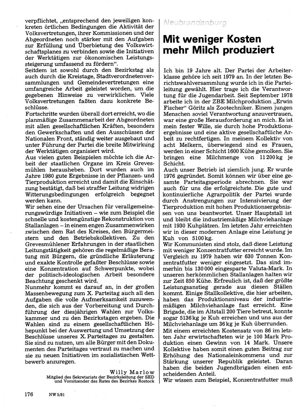 Neuer Weg (NW), Organ des Zentralkomitees (ZK) der SED (Sozialistische Einheitspartei Deutschlands) für Fragen des Parteilebens, 36. Jahrgang [Deutsche Demokratische Republik (DDR)] 1981, Seite 176 (NW ZK SED DDR 1981, S. 176)