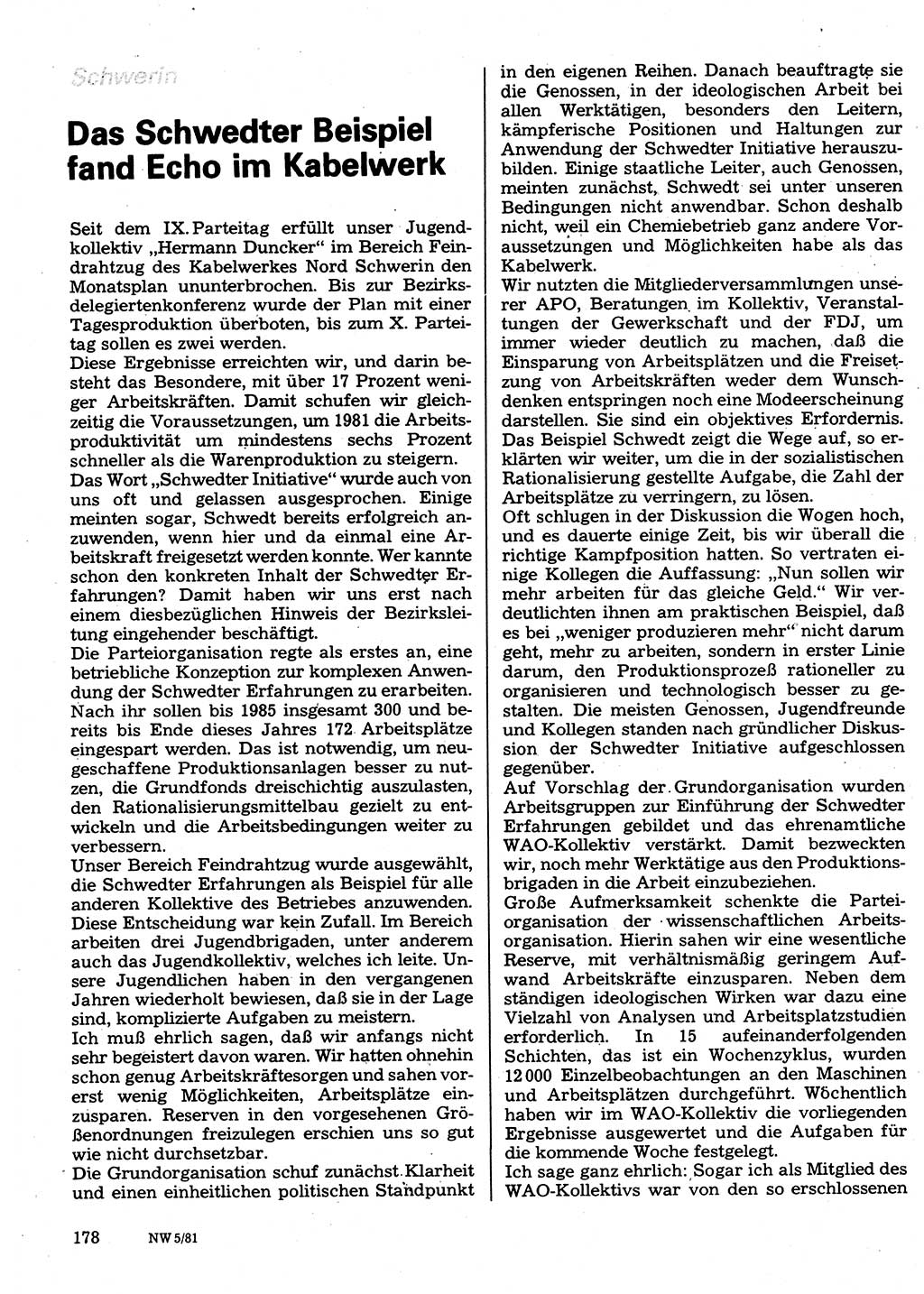 Neuer Weg (NW), Organ des Zentralkomitees (ZK) der SED (Sozialistische Einheitspartei Deutschlands) für Fragen des Parteilebens, 36. Jahrgang [Deutsche Demokratische Republik (DDR)] 1981, Seite 178 (NW ZK SED DDR 1981, S. 178)