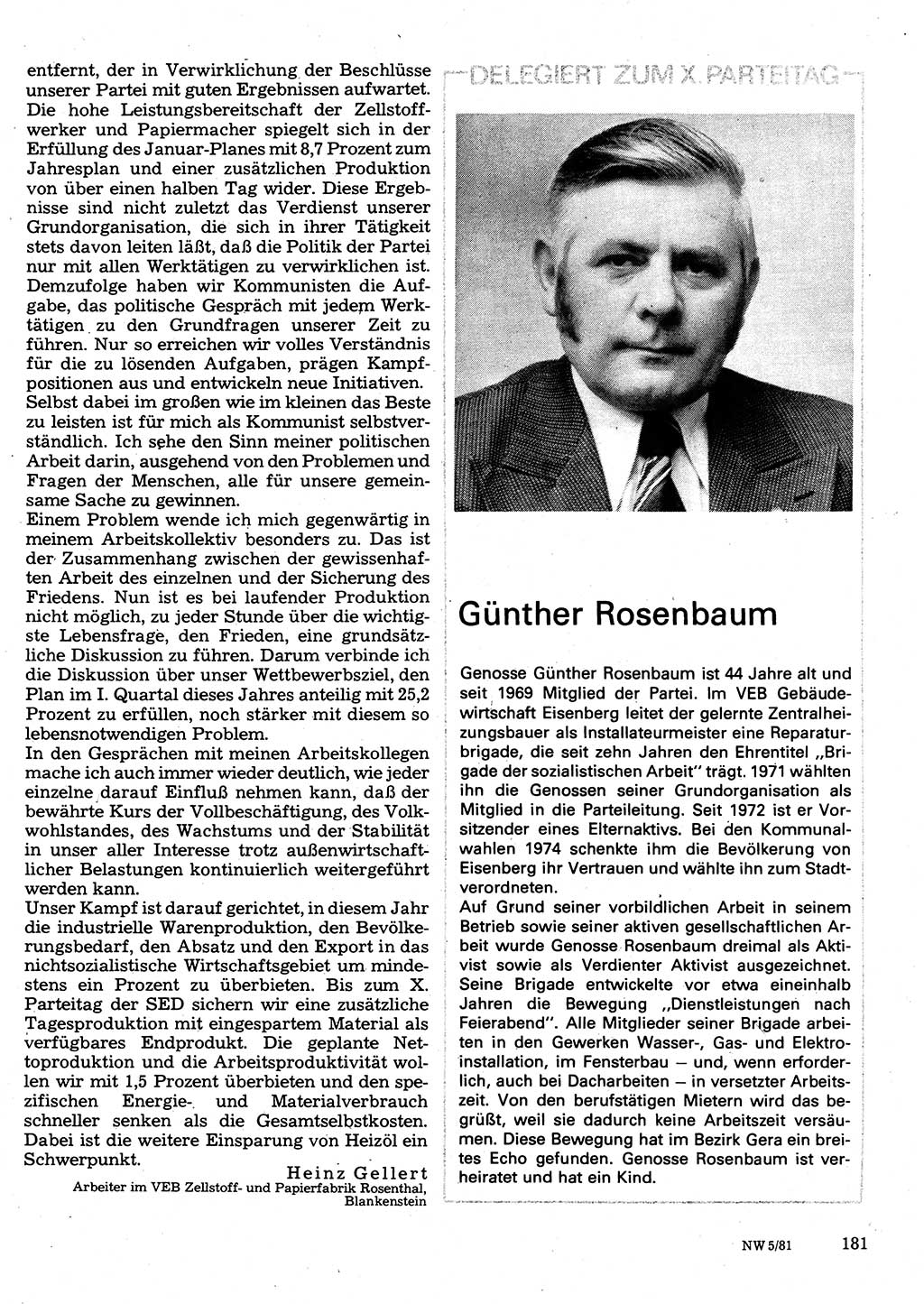 Neuer Weg (NW), Organ des Zentralkomitees (ZK) der SED (Sozialistische Einheitspartei Deutschlands) für Fragen des Parteilebens, 36. Jahrgang [Deutsche Demokratische Republik (DDR)] 1981, Seite 181 (NW ZK SED DDR 1981, S. 181)