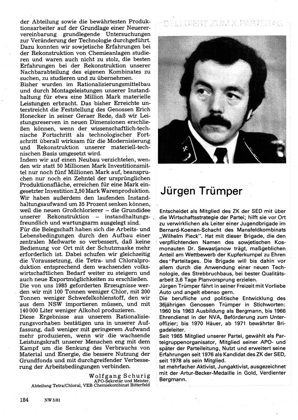 Neuer Weg (NW), Organ des Zentralkomitees (ZK) der SED (Sozialistische Einheitspartei Deutschlands) für Fragen des Parteilebens, 36. Jahrgang [Deutsche Demokratische Republik (DDR)] 1981, Seite 184 (NW ZK SED DDR 1981, S. 184)