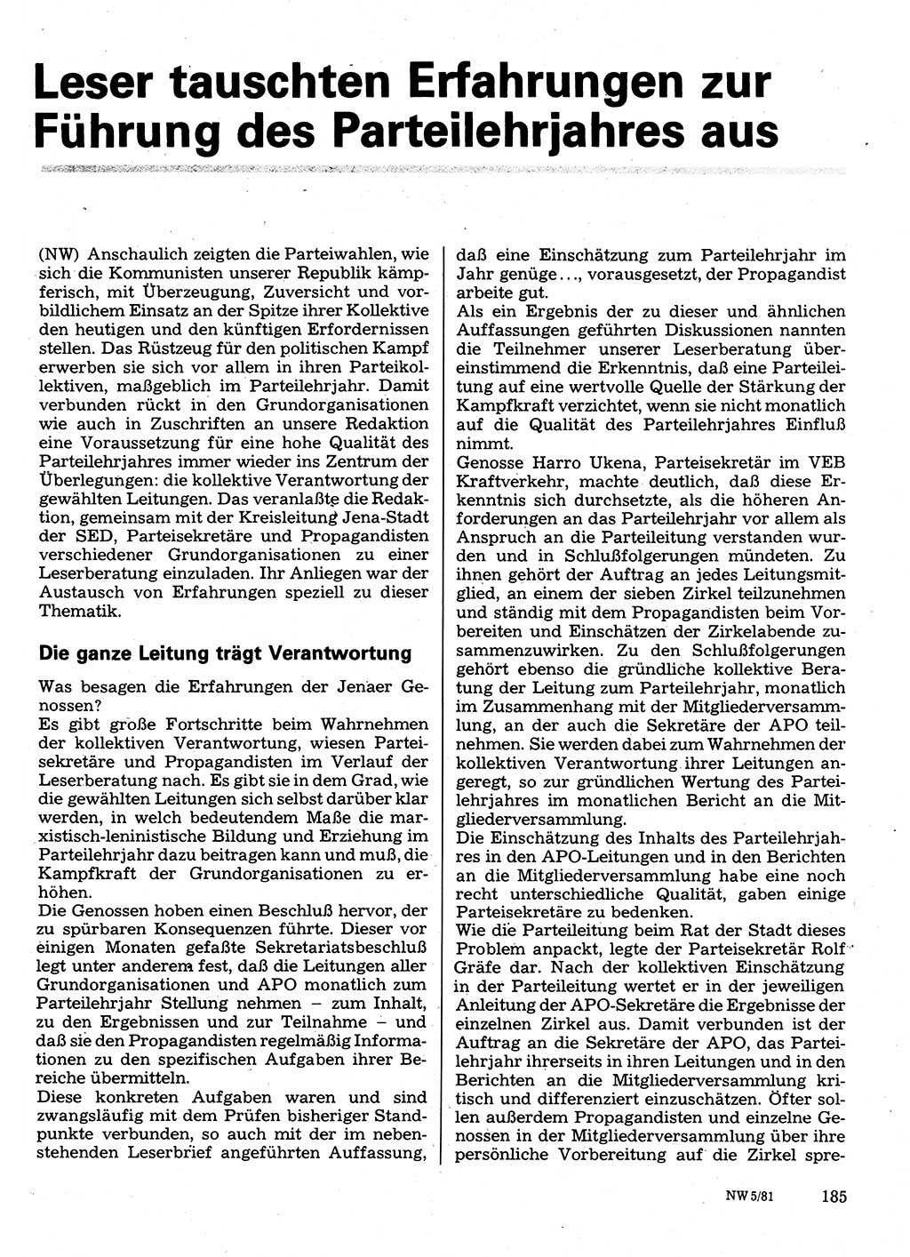 Neuer Weg (NW), Organ des Zentralkomitees (ZK) der SED (Sozialistische Einheitspartei Deutschlands) für Fragen des Parteilebens, 36. Jahrgang [Deutsche Demokratische Republik (DDR)] 1981, Seite 185 (NW ZK SED DDR 1981, S. 185)