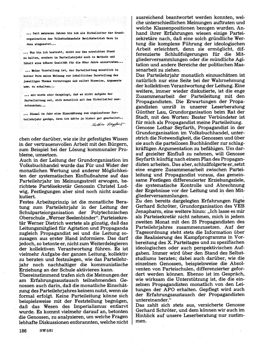 Neuer Weg (NW), Organ des Zentralkomitees (ZK) der SED (Sozialistische Einheitspartei Deutschlands) für Fragen des Parteilebens, 36. Jahrgang [Deutsche Demokratische Republik (DDR)] 1981, Seite 186 (NW ZK SED DDR 1981, S. 186)