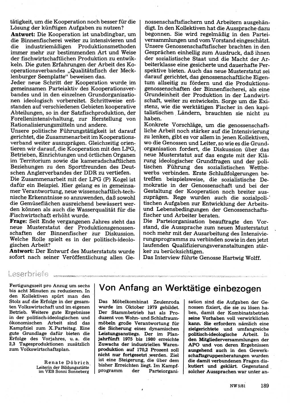 Neuer Weg (NW), Organ des Zentralkomitees (ZK) der SED (Sozialistische Einheitspartei Deutschlands) für Fragen des Parteilebens, 36. Jahrgang [Deutsche Demokratische Republik (DDR)] 1981, Seite 189 (NW ZK SED DDR 1981, S. 189)