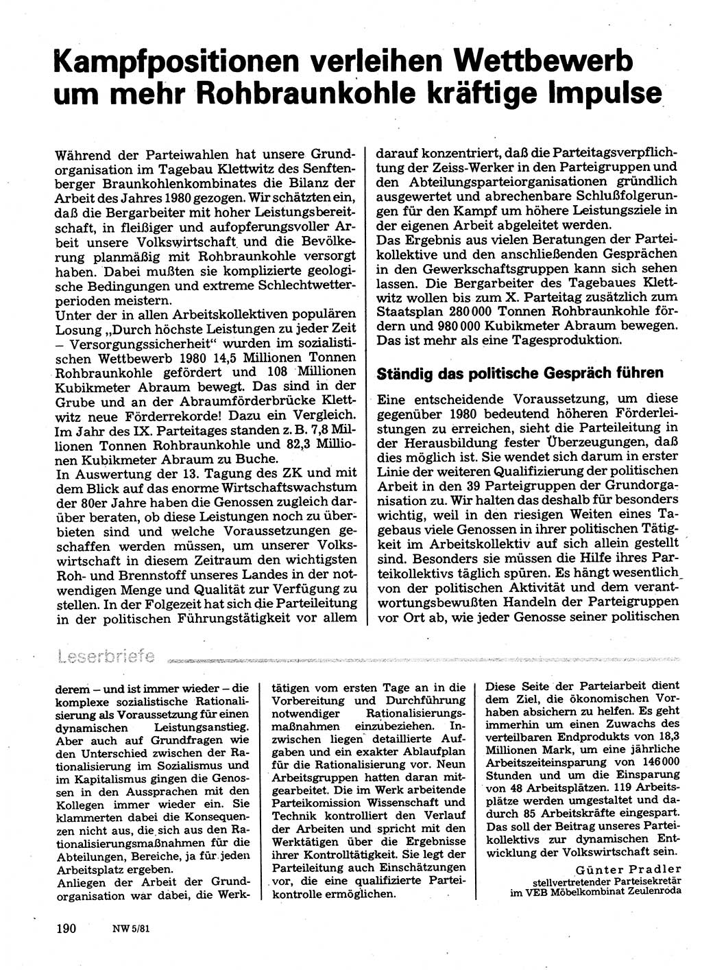 Neuer Weg (NW), Organ des Zentralkomitees (ZK) der SED (Sozialistische Einheitspartei Deutschlands) für Fragen des Parteilebens, 36. Jahrgang [Deutsche Demokratische Republik (DDR)] 1981, Seite 190 (NW ZK SED DDR 1981, S. 190)