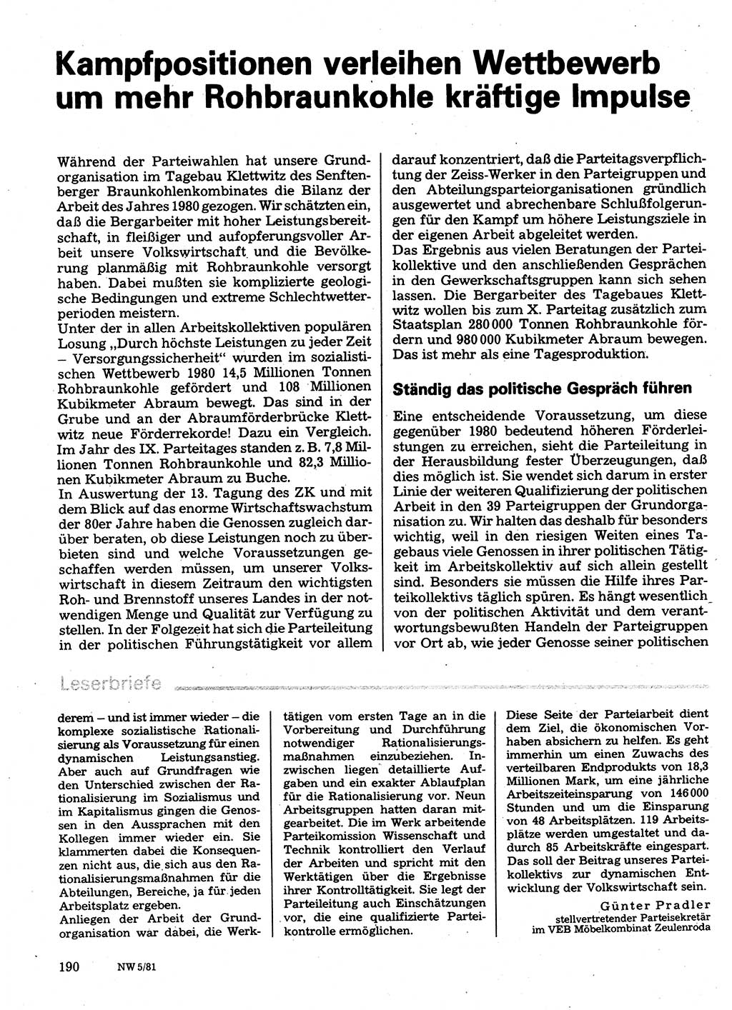 Neuer Weg (NW), Organ des Zentralkomitees (ZK) der SED (Sozialistische Einheitspartei Deutschlands) für Fragen des Parteilebens, 36. Jahrgang [Deutsche Demokratische Republik (DDR)] 1981, Seite 190 (NW ZK SED DDR 1981, S. 190)