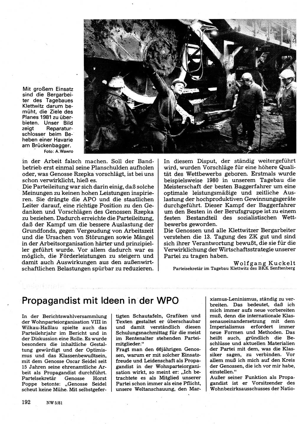 Neuer Weg (NW), Organ des Zentralkomitees (ZK) der SED (Sozialistische Einheitspartei Deutschlands) für Fragen des Parteilebens, 36. Jahrgang [Deutsche Demokratische Republik (DDR)] 1981, Seite 192 (NW ZK SED DDR 1981, S. 192)