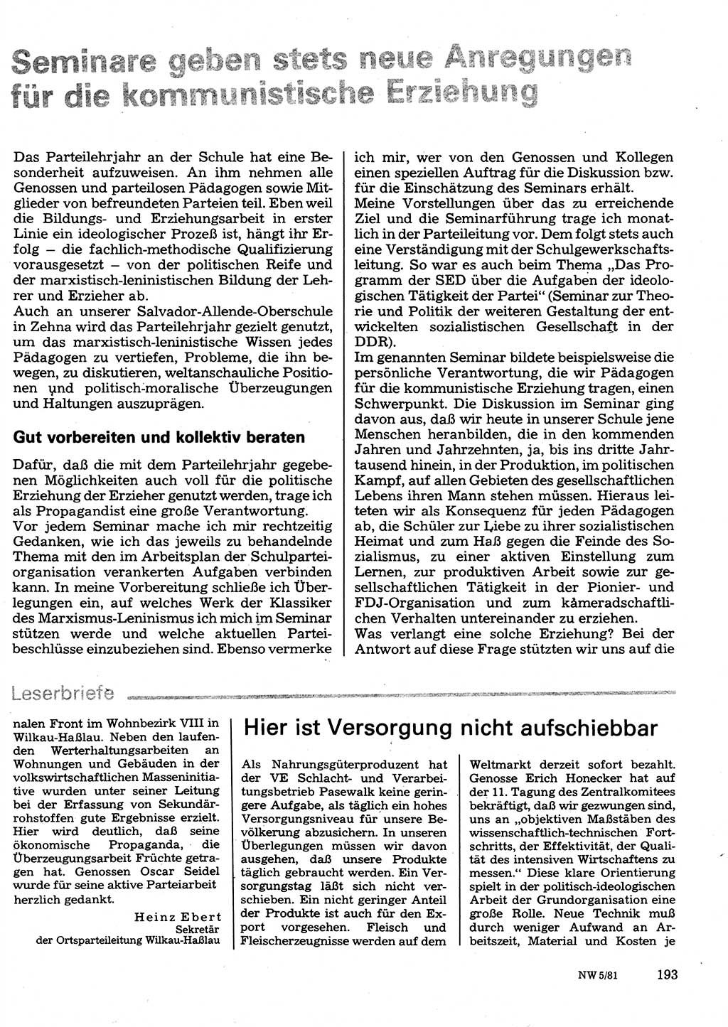 Neuer Weg (NW), Organ des Zentralkomitees (ZK) der SED (Sozialistische Einheitspartei Deutschlands) für Fragen des Parteilebens, 36. Jahrgang [Deutsche Demokratische Republik (DDR)] 1981, Seite 193 (NW ZK SED DDR 1981, S. 193)